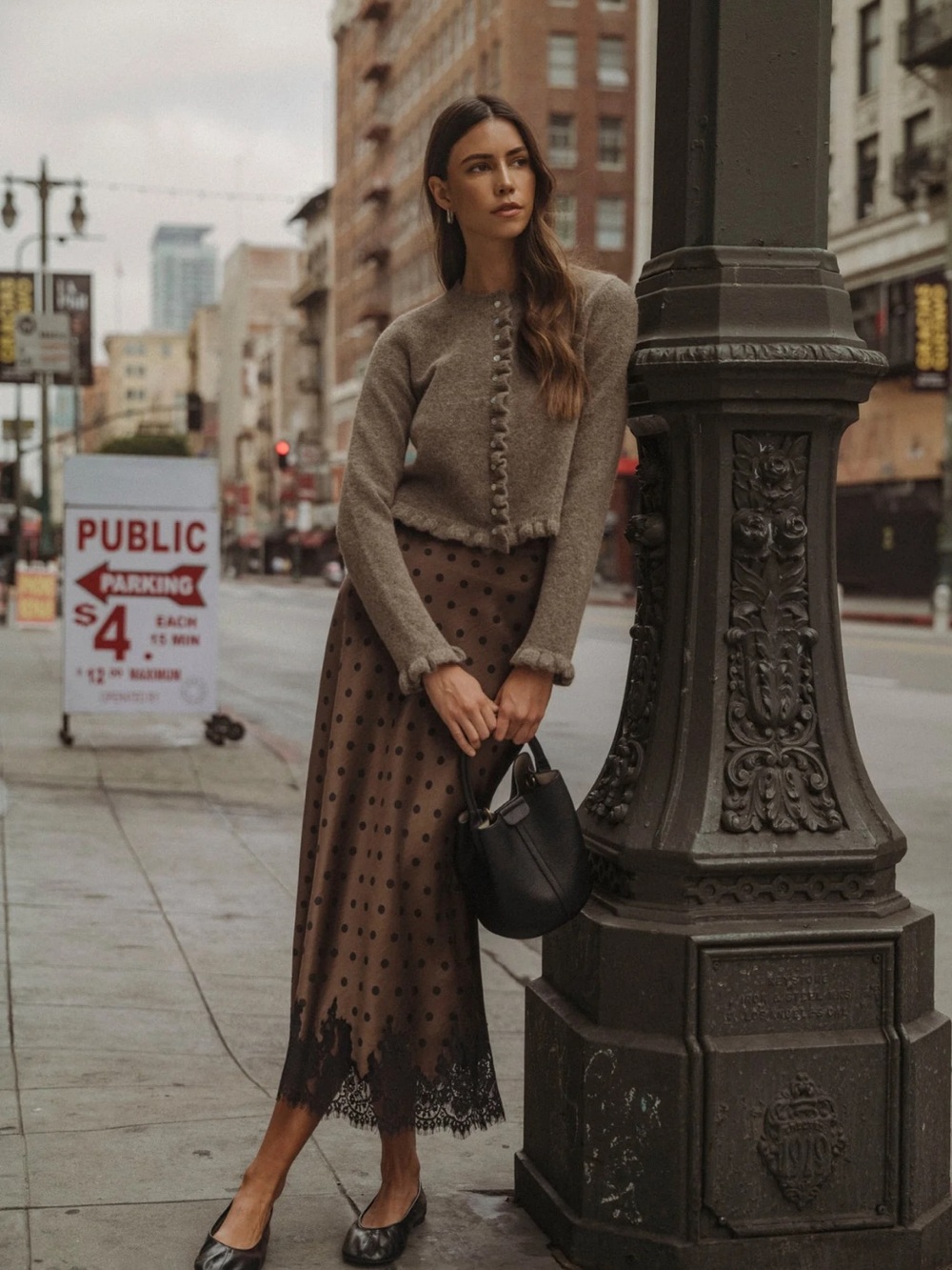 Mable Chocolate Brown Polka Dot Lace Hem Midi Skirt
